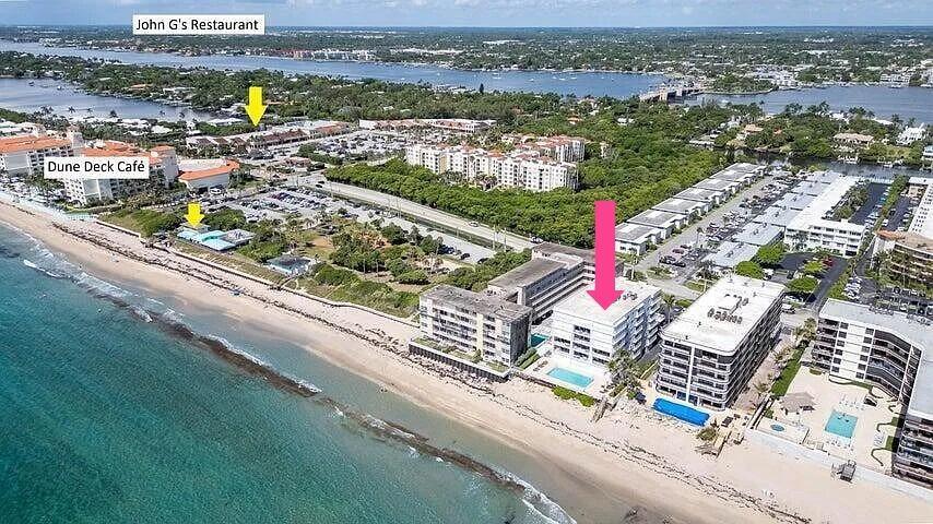 Fantastic direct ocean view, up dated apartment with deluxe furnishings and balconies with view of ocean.  The unit faces ocean and west view of sun sets.  Two and one half baths, dry bar and impact windows.  First floor leads to balcony with barbecue grill for all to enjoy.  The condo has sauna and pool.   Walking distance to Publix and shopping center and famous restaurants John G Restaurant and Dune Deck.  Few minutes to I95, West Palm Beach and PBI.