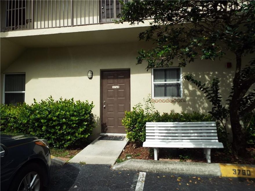 Very convenient 1st floor unit; park in front and walk right in.  No lobby or stairs to deal with. Nice unit with  newer stainless appliances, large pass through from kitchen to dining area.  Washer & Dryer in unit. Nice private back yard,  Maintenance is only $330 per month.  Pets allowed: 2 cats, one dog under 25 lbs, w/restrictions.  Great investment opportunity for first-time home buyers or investors.  Can be lease immediately, subject to board approval.  Similar 2/2 units in this complex have rented from $1700 - $2200/month. Assigned parking spot right in front of unit. Great pool area. This unit is tenant occupied, but will be conveyed vacant.