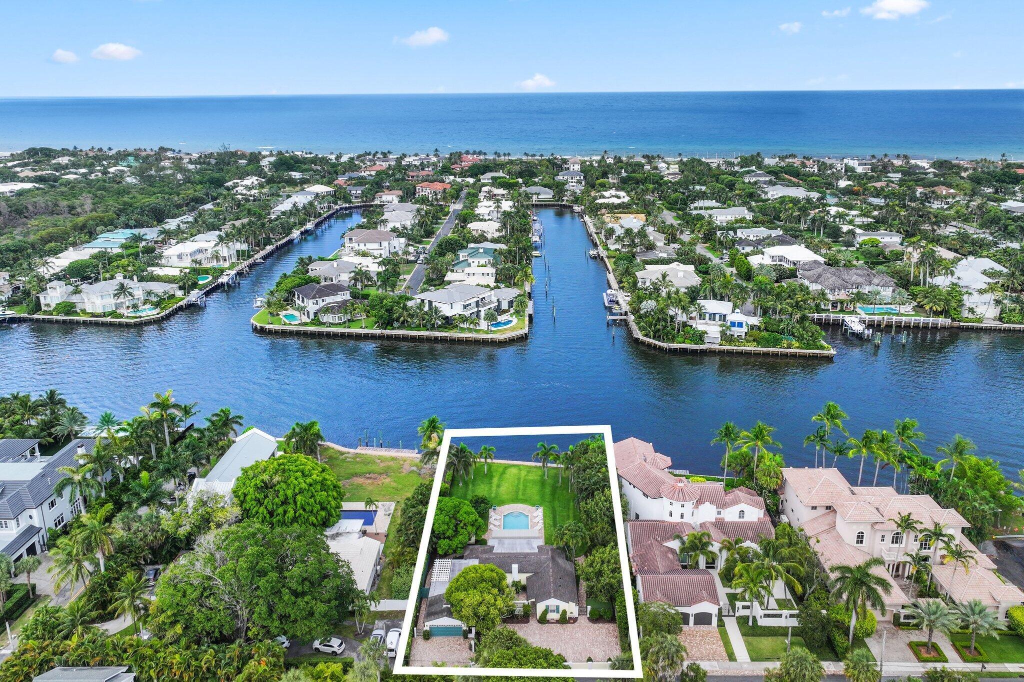 Welcome to 2 Fisher Lane! This stunning, one-of-a-kind Delray Beach home blends impeccable details with warmth and a little touch of history. Built in 1941 this property captures timeless Palm Beach charm with elegant touches. Featuring a beautifully designed 3 bedroom, 3 full bath Main Cottage with charming living spaces and a Separate one-room pool house, offering the perfect blend of comfort and sophistication. The incredible pool area, is ideal for entertaining or relaxing in privacy. This expansive coastal gem sits 100 feet of direct Intracoastal waterfront. Full meticulous renovations, featuring NEW: roof, all drywall & studs, plumbing, electrical wiring, hot water heater, HVACs, insulation, impact glass, resurfaced pool , full house generator, refurbished seawall & so much more