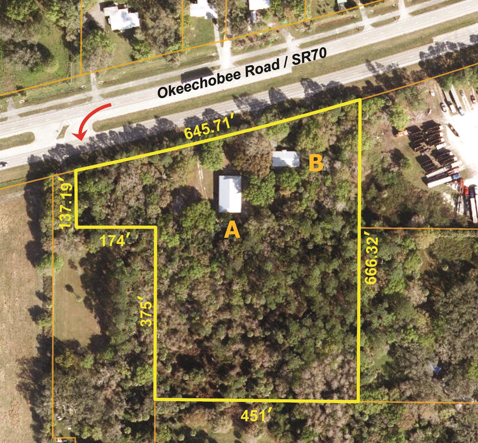 Home or Office plus versatile Shop building on wooded acreage. Mid-century CBS 3BR home with beautiful wood floors and large deck overlooking shaded yard of virgin oaks and pines. 3,344sf CBS Shop has four 18ft wide X 10ft high roll doors and 2,000sf concrete apron. Both have metal roofs. 3 driveways onto SR70 provide quick easy access to both I-95 & Turnpike. ~ Please see our BROCHURE for additional details ~