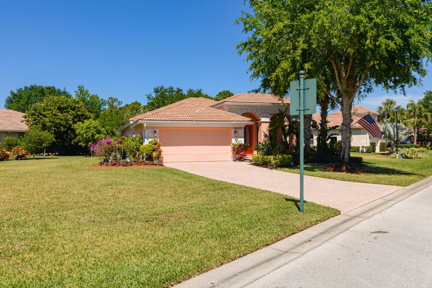 AVAILABLE JUST IN TIME BEFORE NEW SCHOOL YEAR STARTS. Largest Corner Lot in Island Point. 3/2/2 Pool Home with secondary Master Suite, Island Point in PGA Village has the added convenience of having the Clubhouse within the community. Large backyard with view of lake and preserve for added privacy. Enjoy the stunning recently refinished pool with a totally covered lanai, 8-inch crown moldings, Plantation shutters, Newer A/C, Newer pool pump, Newer Water Htr, Granite Counters, New SS Appliances. HOA dues include lawn care, sprinkler system, cable, internet, & all of PGA Village's amenities and activities., has something for everyone with pickleball, tennis, heated pool, exercise facility, playground, library, billiards, conference rooms, social events and more. For the avid golfer, GOLF