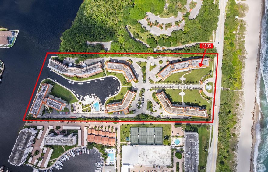 Largest 2 bedroom model, located on 1st floor  of the Capri building with desirable southeast views, impact windows & sliders, 2022 AC, and freshly painted interior. A private extended terrace and screened Florida room invites outdoor living. Located within a 14-acre manned-gated community perfectly positioned between the Atlantic Ocean and Intracoastal, residents enjoy 450' of private beach, marina with 20 boat slips, newly decorated clubhouse, on-site management, stunning pool area and resort-style amenities. An exceptional setting to create your vision in Boca Raton's premier coastal enclave.