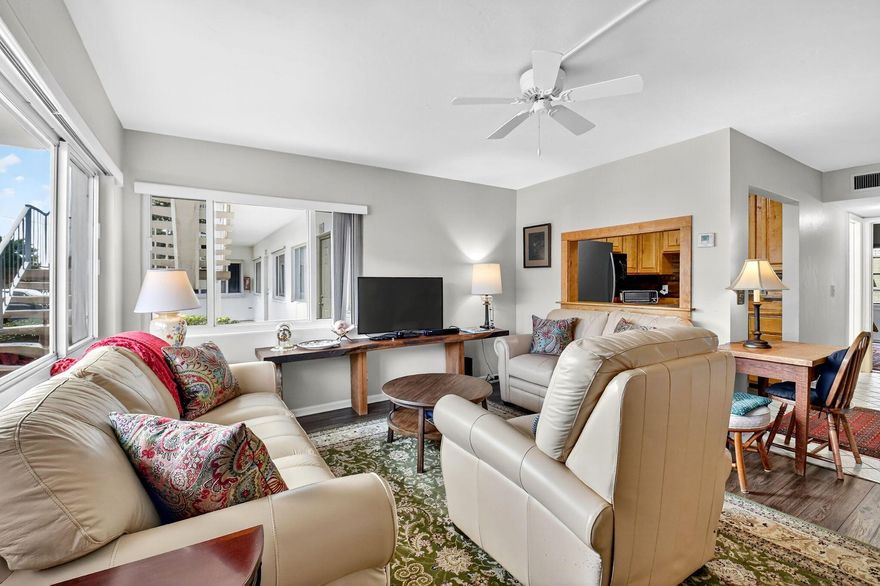 Sophisticated 1 bedrm unit in well maintained/financially stable 55+ complex. Impact glass. Newer AC/water heater. Located 8 min from ocean/across from 750-acre John Prince Park. You will love the Lake Osborne lifestyle. Walking/biking trails across the street. Lake view from living room's 2 windows. Assigned parking space & guest spot in front of unit. Gorgeous bamboo flooring. Beautiful leather furniture. Custom all-wood kitchen design. Great natural light! Tranquil bedroom w/private backyard. Complex is 2 min to 95 freeway/Tri-rail station. 5 min to dwntwn Lake Worth Beach. 15 min to WPB & Delray Beach for their abundant restaurants/shopping. Amenities galore: gigantic pool, 2 gyms, pickleball, bocce ball, shuffleboard, BBQ area, library, auditorium showing movies on Saturdays!