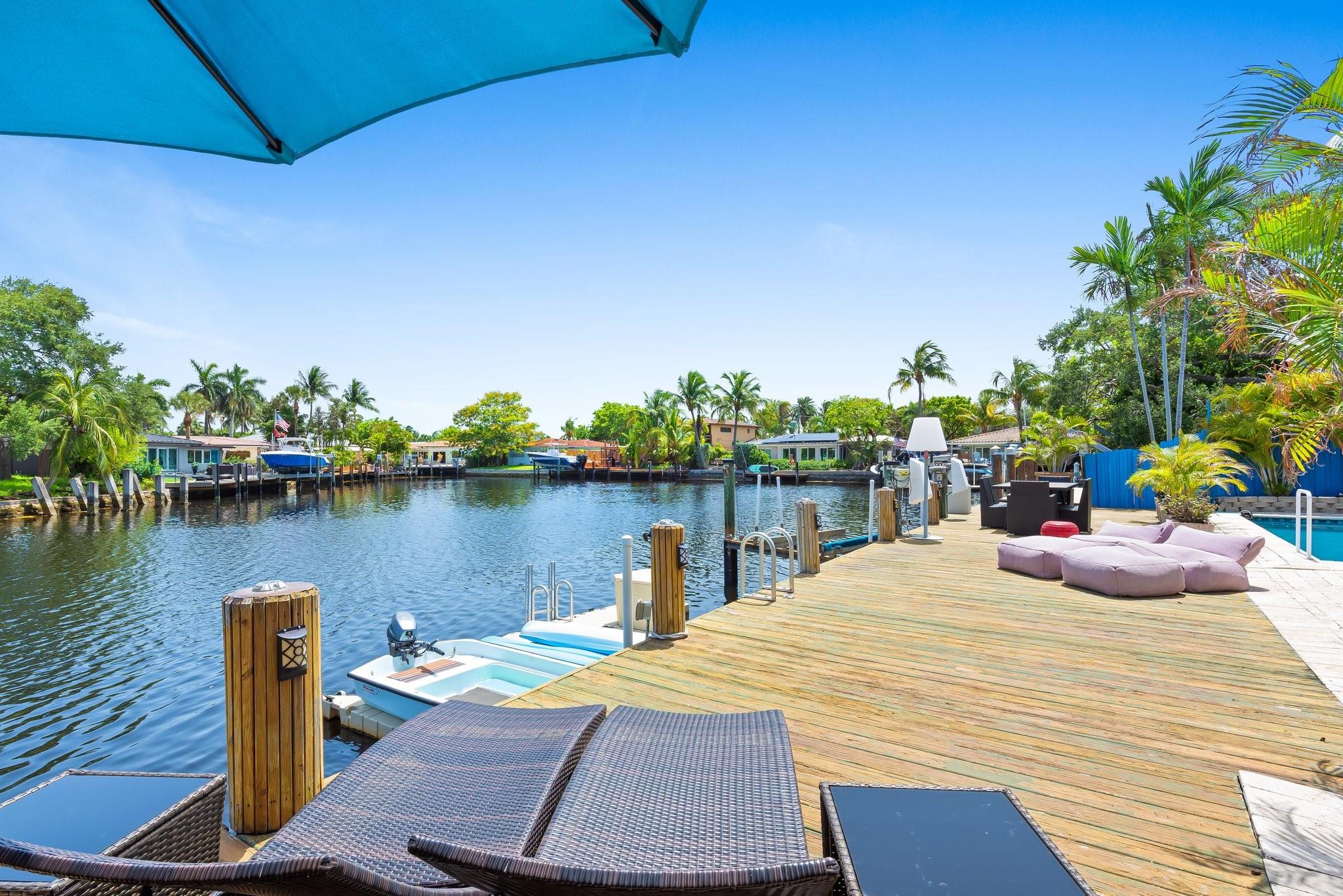 An exceptional waterfront residence offering the ultimate in privacy, lifestyle, and location in Wilton Manors' desirable Coral Point, south of NE 26 Ave. This well-maintained 3 bedroom, 2 baths, pool home is nestled along a wide navigable canal w/ southern exposure. Beautifully landscaped lot with a large private dock & boat lift (7,000 lbs). The split-bedroom floor plan offers comfort & functionality, while the living & dining spaces are perfect for everyday living or entertaining. Lush front lawn w/ new sod, upgraded irrigation system. In the back, enjoy a resort-style setting with a sparkling pool, dock space for exceptional privacy and a deep canal setback from neighboring homes. Ocean Access: 2 fixed bridges (US-1 ~ 8.5/9 feet & Sunrise Blvd ~10 feet). 1 car garage, pavered driveway.
