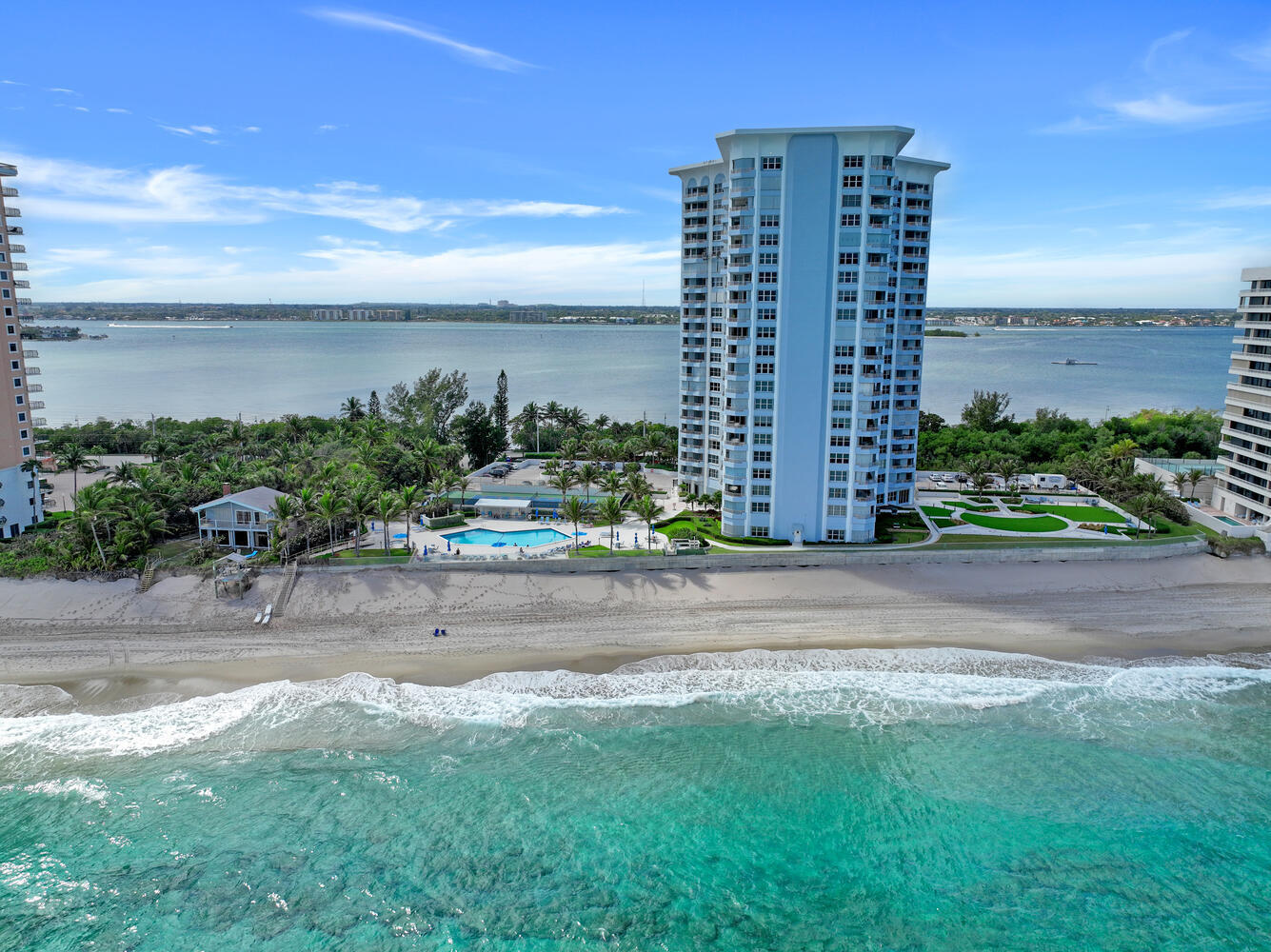 Completely renovated rarely offered 3-bedroom condo boasting incredible panoramic ocean and intracoastal views from every room! You'll love the coastal interior with all 3 bedrooms & 3 full baths, modern vanities and unique tiled showers. Hurricane impact windows and doors with shutters for double protection. Gourmet chef's kitchen with LG appliances, custom granite and marble counters, designer cabinetry with soft close drawers, beverage and wine coolers, and so much more. 2 garage spaces and extra storage included. For full price, seller willing to leave almost all of the furniture! (See list under documents).Building has 24hr concierge, has done major renovations to common areas, completed concrete work, has tennis, fitness ctr, resort pool, club room and more.
