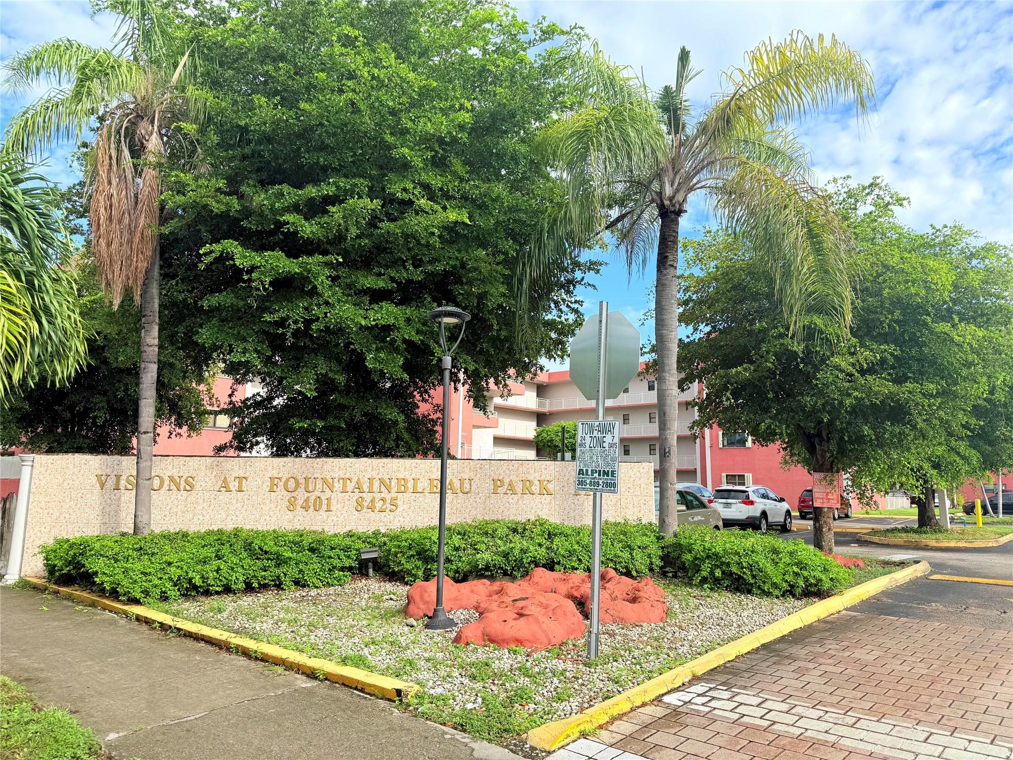 Spacious 3 Bedroom/2 Bath corner unit located at the first floor. Visions At Fontainebleau. Hurricane shutters, appliances, and washer and dryer are located inside the unit. 2 assigned parking spaces, centrally located, very close to 836 expressway, turnpike, Doral, and Miami International Airport. Low HOA fee and property is well managed. Property will not last and is easy to show.