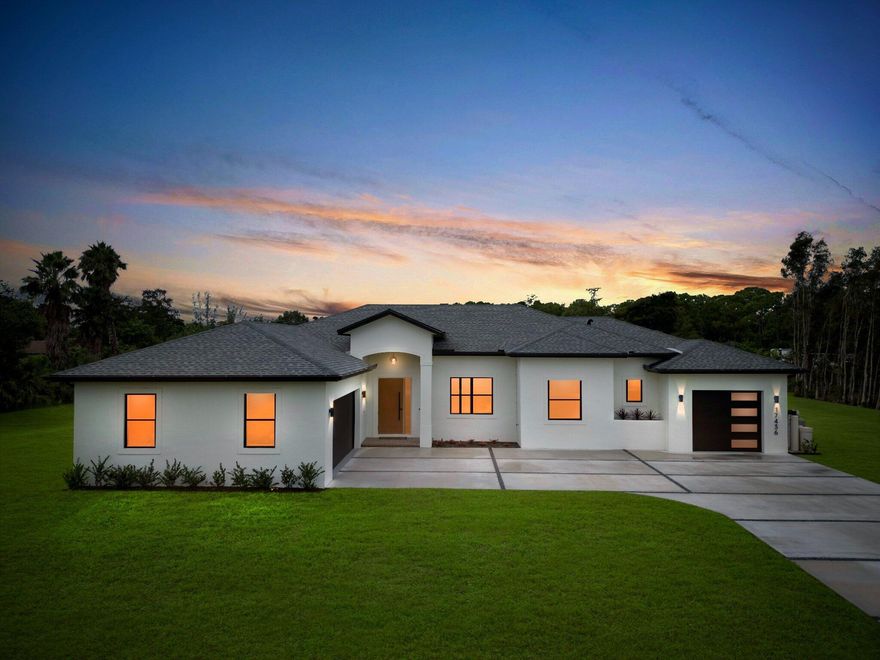 Just in time for summer! New Construction Estate Home. 3 bedroom, 2 bath, 2-½ bath, 3 car garage and private swimming pool.Step into the luxurious Loxahatchee lifestyle with this modern home with all conveniences...$1,200,000.00 OBO! Experience modern living in the heart of Loxahatchee with this 2025 new-construction home on a 1.15acre lot featuring 3 bedrooms, 2 full & 2 half baths and a flex room that can be used as a home office, nursery or guest room. Chefs' kitchen with floor to ceiling Euro cabinets, sleek stainless-steel appliances, a built-in barista station and a spacious bar area ideal for entertaining. Step outside into a backyard oasis with a screened-in rear patio with a full summer kitchen, cabana bath with outdoor shower and a private saltwater pool -under construction- This home features a 2-car + 1-car garage with Level 2 EV outlets in garages, whole-home water softener, and upgraded under eave lighting. It is conveniently located near Westlake, shopping, dining, and top-rated schools. Coming soon to the neighborhood, Super Walmart and Home Depot.