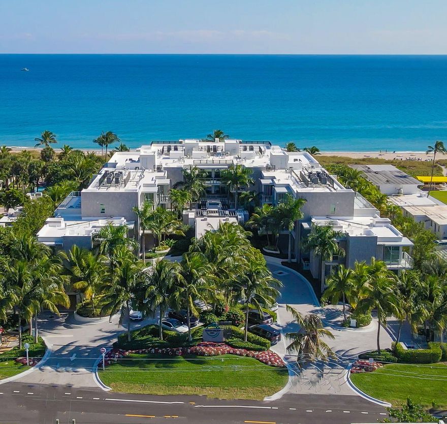 A rare true corner residence with windows on all four sides, delivering 360-degree light and views from every room. This 3,830 SF beachfront condo offers the privacy and space of a single-family residence with the ease of five-star living — sold fully furnished with over $1 million in luxury upgrades. Built and completed in 2023, this 4-bedroom, 4.1 bath residence offers three distinct private entrances: a private elevator opening directly into the home, plus a direct-access air-conditioned 2-car garage attached to the unit for seamless arrival and departure and a separate a/c golf cart garage. The boutique 19-residence building delivers hotel-caliber service with 24-hour concierge and security, a spa-level pool, heated spa, and owners lounge, plus a private 200 ft  beach with full beach service. Extremely accommodating for dog owners, truly big-dog and small-dog friendly, a rarity in luxury oceanfront living. Interior finishes include a full Crestron smart-home system, SieMatic kitchen with Wolf and Sub-Zero appliances, custom Ornare pantry and closets, built-in wine bar with Sub-Zero tower and ice maker, whole-home water filtration, tankless hot water, and Flo leak detection. The grand primary suite opens through its own private door to the lanai via a wall of glass, and features two full walk-in closets and a spa-inspired bath with dual vanities. Each additional bedroom includes a private outdoor terrace, generous walk-in closet, and full spa-like bath a level of finish typically reserved for primary suites. The expansive lanai offering ocean views, an outdoor fireplace, and exceptional privacy an entertainer's dream. Ideally positioned between Downtown Delray Beach and Boca Raton, minutes to PBI, FLL, and Boca Raton Executive Airport. Beachfront living without compromise.