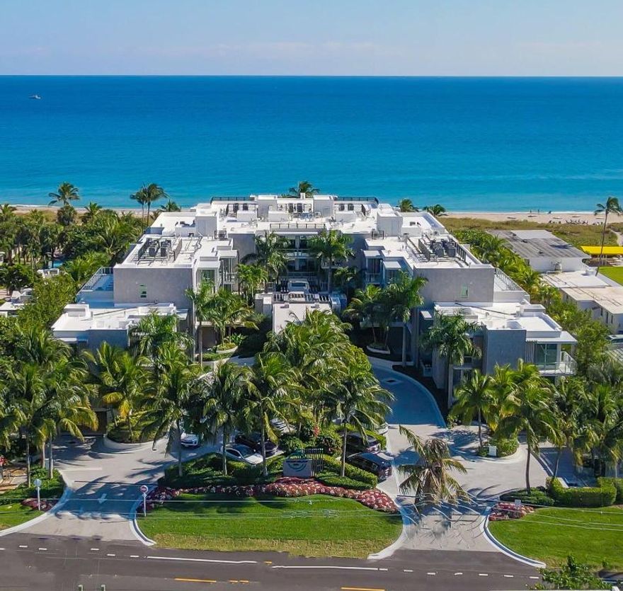 A rare true corner residence with windows on all four sides, delivering 360-degree light and views from every room. This 3,830 SF beachfront condo offers the privacy and space of a single-family residence with the ease of five-star living — sold fully furnished with over $1 million in luxury upgrades. Built and completed in 2023, this 4-bedroom, 4.1 bath residence offers three distinct private entrances: a private elevator opening directly into the home, plus a direct-access air-conditioned 2-car garage attached to the unit for seamless arrival and departure and a separate a/c golf cart garage. The boutique 19-residence building delivers hotel-caliber service with 24-hour concierge and security, a spa-level pool, heated spa, and owners lounge, plus a private 200 ft  beach with full beach service. Extremely accommodating for dog owners, truly big-dog and small-dog friendly, a rarity in luxury oceanfront living. Interior finishes include a full Crestron smart-home system, SieMatic kitchen with Wolf and Sub-Zero appliances, custom Ornare pantry and closets, built-in wine bar with Sub-Zero tower and ice maker, whole-home water filtration, tankless hot water, and Flo leak detection. The grand primary suite opens through its own private door to the lanai via a wall of glass, and features two full walk-in closets and a spa-inspired bath with dual vanities. Each additional bedroom includes a private outdoor terrace, generous walk-in closet, and full spa-like bath a level of finish typically reserved for primary suites. The expansive lanai offering ocean views, an outdoor fireplace, and exceptional privacy an entertainer's dream. Ideally positioned between Downtown Delray Beach and Boca Raton, minutes to PBI, FLL, and Boca Raton Executive Airport. Beachfront living without compromise.