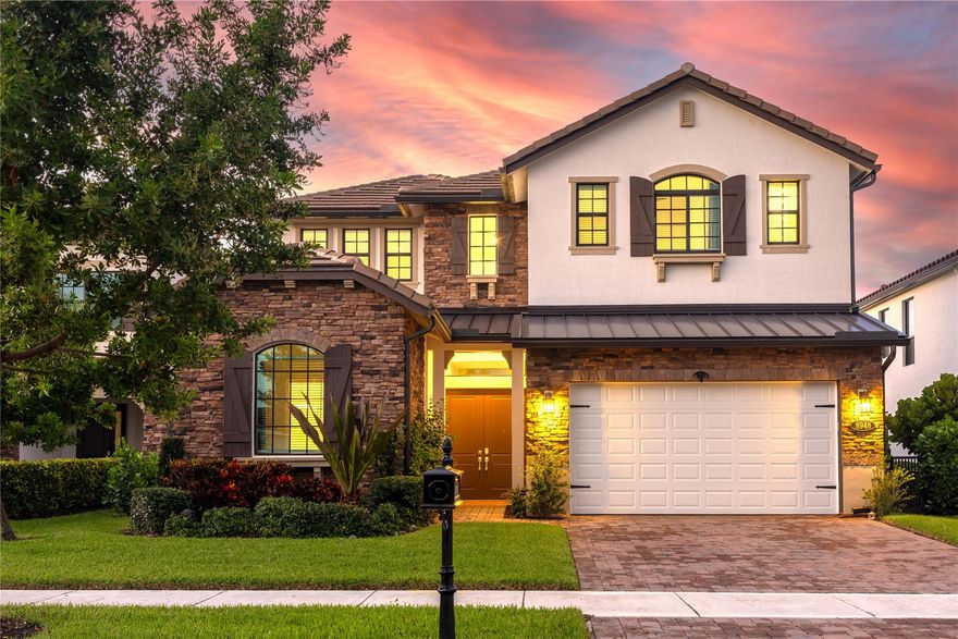 Experience refined living in the desirable Palm Meadows community. This nearly new home features a modern open-concept layout w/ spacious master on the main floor. Enjoy beautiful lake views from expansive living areas & unwind on the covered lanai/screened porch in the backyard. The gourmet kitchen is equipped w/ premium appliances, a gas cooktop, & an elegant dining area. The garage is climate-controlled w/ mini split system, offering comfort for hobbies, storage, or additional workspace. Thoughtful upgrades throughout inc under-stair storage, HVAC UV lights, hurricane impact windows & doors, & a fenced backyard w/ ample space. Residents enjoy access to outstanding community amenities, inc resort-style pool, clubhouse, fitness center, tennis courts, etc.