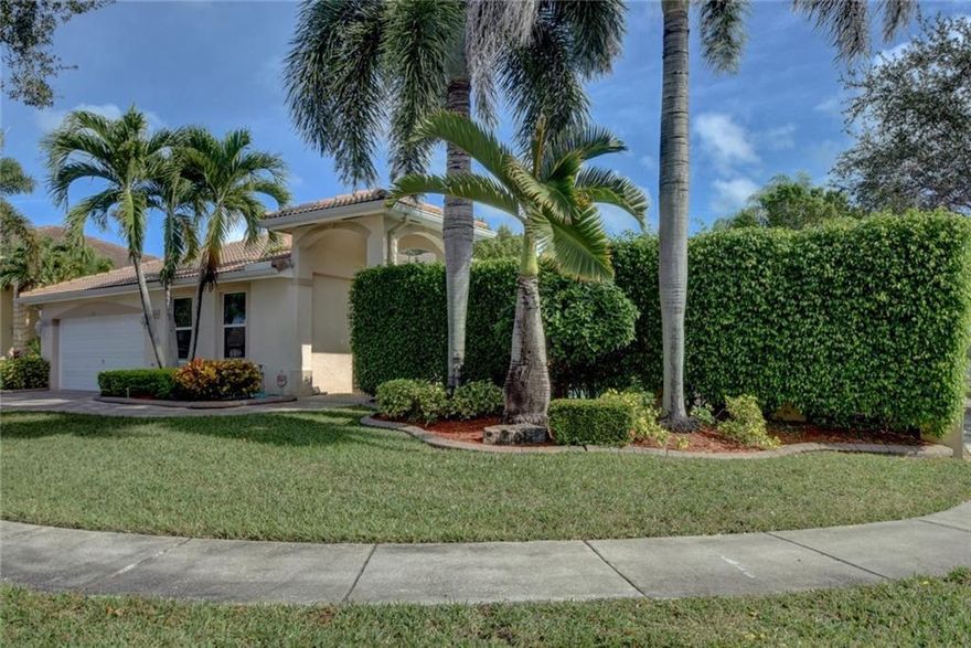 Courtyard pool home in gated neighborhood. 4 large bedrooms and 3 full baths. Open kitchen with granite, tile backsplash, stainless steel appliances. Built in breakfast nook plus a formal dining room, living room & family room. Huge master suite with walk in closet. Master bath boasts dual sinks, roman tub, separate water closet with bidet. Crown moldings thruout. Laundry room has a sink & garage features extra storage in attic and built ins. Shutters for all windows/doors.  Enjoy complete privacy in your courtyard featuring a sparking pool, recently sealed brick pavers & matching driveway. Close to multiple parks, A rated schools, American Heritage, Sawgrass Mills Mall and more. Close to all major high ways for easy commute. Rent includes lawn/pool. Pets considered with deposit