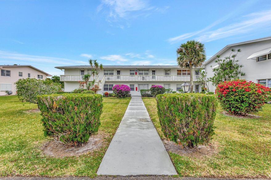LIGHT AND BRIGHT 1 BED 1.5 BATH FURNISHED SECOND FLOOR CORNER UNIT LOCATED IN THE SOUGHT AFTER CENTURY VILLAGE OF W.P.B. A GATED COMMUNITY FOR ACTIVE ADULTS 55+. LARGE 16 INCH TILED FLOORING THROUGHOUT, VENTED AIR , COMFY FURNITURE, . THE BEDROOM HAS AN ENSUITE BATH. WELL MANAGED ASSOCIATION.Roomy closets,, laundry room, assigned parking spot plus visitor parking available; local bus for errands/shopping both within & outside the Village.  COME AND ENJOY RESORT STYLE LIVING. CLUBHOUSE features a theater ndoor pool, card room, community/party room, billiard room ,shuffle board ,tennis , pickleball ,bocce and two bocce and two outdoor pools. Numerous heated outdoor pools throughout the community. Separate fitness center with gym , outdoor heated pool and a resistance pool. Two guarded gat
