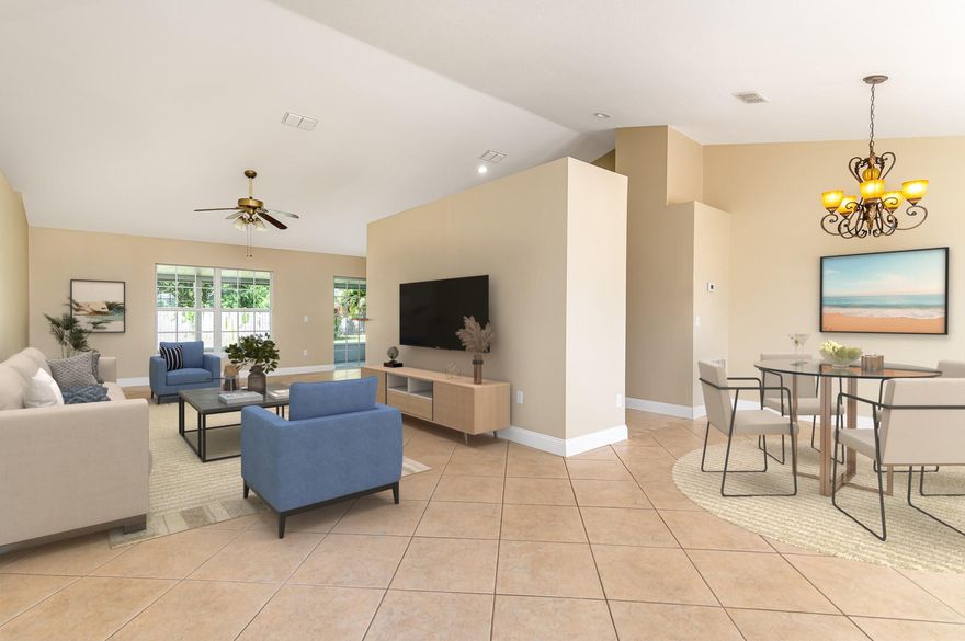 Move in ready and enjoy stress-free Florida living with a fully turnkey home! This single level, open-concept, split floor plan offers 3 beds and 2 baths, a 2-car garage, a large great room with high ceilings, a fully fenced-in oversized yard, a Florida room, and brightness throughout. The kitchen features finishes such as granite kitchen countertops, high-end stainless steel appliances, and spacious 42'' solid wood upper kitchen cabinets. The large master suite has a vaulted ceiling with a large walk-in closet and bath. Enjoy a screened-in patio overlooking a private oasis backyard with Palm Trees. Close by to great dining, shopping, beaches, and major roadways. Pets allowed, and the home comes with all appliances and a washer/dryer. Lawn care is included.
