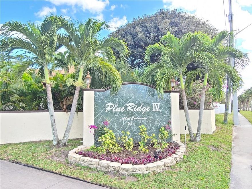 CHARMING SPACIOUS 2 BEDROOMS, 1.5 BATHROOMS FIRST FLOOR CORNER UNIT. TILE FLOORING THROUGHOUT. EXTREMELY WELL MAINTAINED FULLY FURNISHED READY TO MOVE IN. QUIET AND PRIVATE LOCATION ON THE FIST FLOOR WITH A PRIVATE ENSLOSE PATIO. IMPACT ACCORDION SHUTTER IN PATIO. WASHER AND DRYER IN TE UNIT.  BATHROOM WITH TUB AND SHOWER. ENJOY PINE RIDGE VI ACTIVE 55+ COMMUNITY. OFFERS MANY ACTIVITIES AND AMENITIES INCLUSING HEATED POOL, CLUBHOUSE, COMMUNITY ROOM AND MUCH MORE. GREAT LOCATION MINUTES TO RESTAURANTS AND SHOPPING. WELCOME TO SOUTH FLORIDA LIVING.