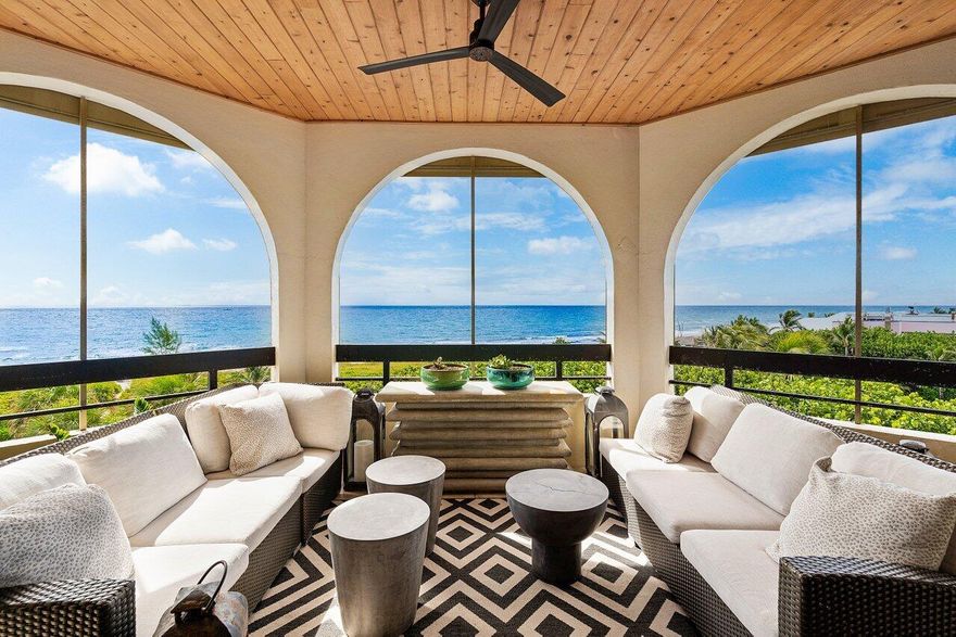 Panoramic ocean views abound from this lovely penthouse apartment in a boutique building of only 24 residences. The elevator opens to a formal foyer directly into the unit providing ultimate privacy to the residence. Offering 3,270 total square feet this 3BR 3.1BA, the unit boasts a large great room, a cozy den with a fireplace, a formal dining room, and a wet bar all with extensive east and south ocean views. Bringing delight to any chef is a masterfully styled gourmet kitchen with an island, top-grade cabinetry, and state-of-the-art appliances. With three perfectly appointed bedroom suites, a sumptuous master suite with unobstructed ocean vistas, an open outdoor terrace, impact windows, two indoor parking spaces, and extra storage, this unit is a true gem.