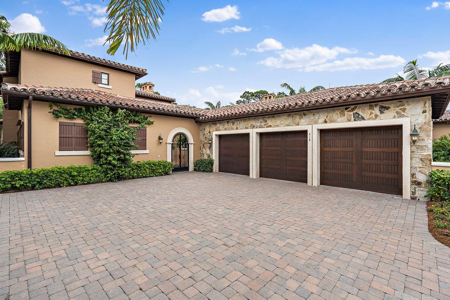 One of the new seven Golf Villas built in 2016 in The Bears Club to finish the Villa enclave. This extraordinary residence is the only Golf Villa with a full three car garage. The size allows the current owners to store three vehicles plus a golf cart. This Villa also was one of only two Villas completed with a large enclosed motor court accented with stone walls and coach lights. 418 Via del Orso is one of the rare coveted Golf Villa locations with an over-sized rear yard with substantially more depth than than the typical  Golf Villa.  It backs to the wooded preserve between the Golf Villas and the 9th green and Clubhouse. This property boasts clean neutral transitional interiors with upper tier finishes throughout.