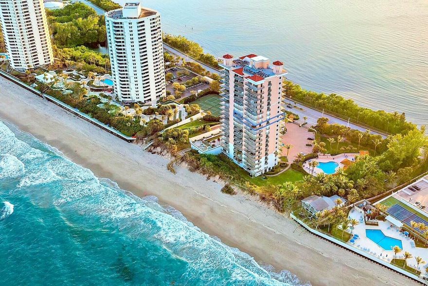 Experience luxury coastal living in this newly fully renovated beachfront residence with both panoramic ocean and Intracoastal views from two expansive balconies. The chef's kitchen features solid wood cabinetry, marble/cristallo countertops and backsplash, large island, vented oven hood and GE Monogram appliances. The elegant owner's suite includes ocean views, 3 custom built out closets, blackout shades, balcony access, & new spa-like bath with marble finishes, soaking tub, and ocean-view shower. Guest suites offer ensuite baths, walk-in closets, and private balcony. Impact glass throughout. AC 2023. Via Delfino is a boutique high-rise with a heated pool, spa, gym, dog park, and 350 ft of private beach. Recent updates: new roof (2023), remodeled lobby (2021), and renovated gym (2023)