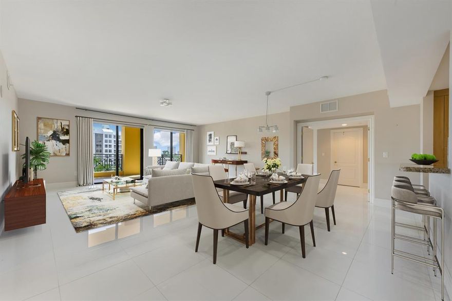 VERY DESIRABLE 5TH FLOOR FACING EAST! THIS 2 BEDROOMS/2.1 BATHS + DEN OR HOME OFFICE HAS WHITE 32'' PORCELAIN TILE THROUGHOUT. VERY BRIGHT & SPACIOUS, OPEN KITCHEN TO THE DINING & LIVING AREAS. LARGE KITCHEN HAS A SNACK BAR THAT COMFORTABLY SEATS (3) BAR STOOLS. THIS RESIDENCE HAS SPLIT BEDROOMS, BOTH ARE VERY SPACIOUS WITH OVERSIZED WALK-IN CUSTOM CLOSETS. MASTER HAS A CUSTOM BUILT-IN MORNING KITCHEN W/SINK AND WINE COOLER, AND ''HIS'' & ''HERS'' WALK-IN CLOSETS. ENJOY THE EAST COOL BREEZES ON YOUR SPACIOUS COVERED BALCONY THAT OFFERS PRIVATE ACCESS FROM THE GUEST BDRM, LIVING & MASTER. (2) ASSIGNED PKG SPACES & (1) STORAGE CAGE ARE INCLUDED. TENANT OCCUPIED, SOME OF THE PHOTOS ARE VIRTUALLY STAGED FOR EASIER VISUALIZATION.