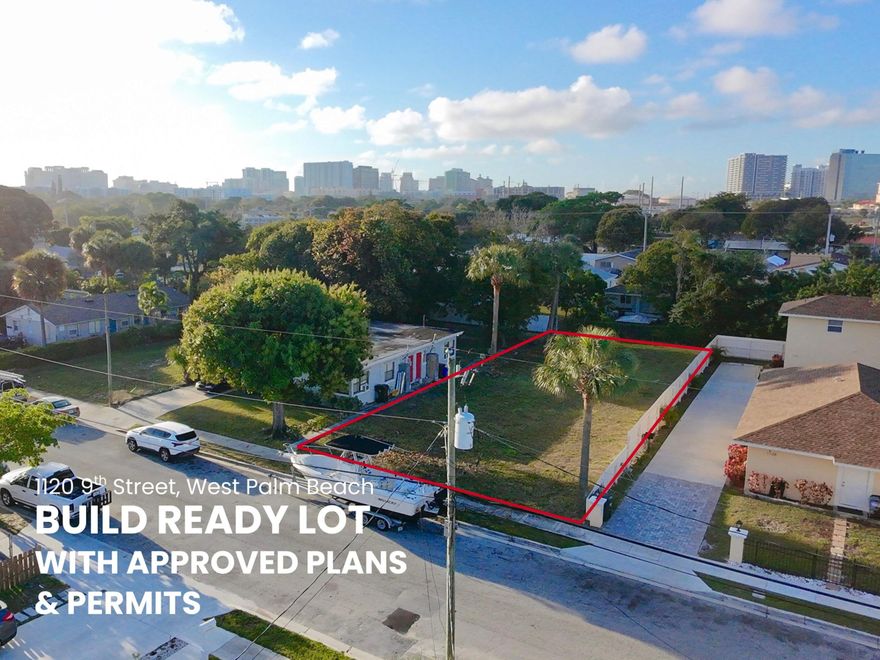 Exceptional build-ready 6,250 sq ft lot (50×125 ft) in the rapidly appreciating Northwest District. Includes fully approved 1,350 sq ft 3BR/2BA main residence plans and permits, plus a two-story 800 sq ft 2BR/1.5BA ADU with Class B Special Use Permit from the Board of Zoning, allowing flexible rental or multigenerational living. Site plan: 3 parking spaces, room for a plunge pool, and three mature palm trees along the property boundary. City water/sewer, county impact fees waived for main residence. No liens; taxes current. Walking distance to planned Vanderbilt University, Train Station, NORA District, Good Samaritan Medical Center redevelopment, planned Cleveland Clinic hospital, Palm Beach Island & Intracoastal. A rare opportunity for builders, investors, or first-time homeowners.