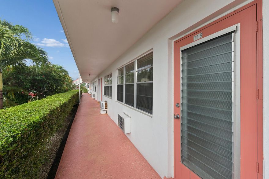 Discover unmatched convenience and comfort with this ideally located first-floor condo in Century Village, West Palm Beach. This residence offers one of the most desirable locations in the entire community, just steps from the gate with on-site gate security providing peace of mind and easy access for residents and guests. The CV Tram stop is directly in front of the unit, allowing effortless transportation throughout the community, while nearby bus routes make getting around the city simple and efficient.This unit is upgraded with tile flooring throughout. At 585 square feet, this unit has a little more space than the typical one bedroom and the porch is enclosed for even more area to enjoy. The bath has an updated vanity and tile surround in the shower
