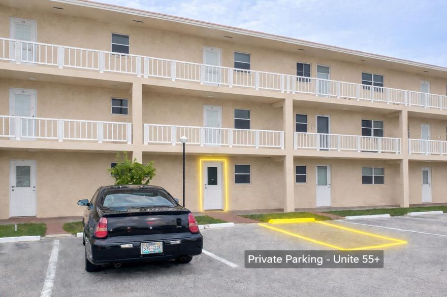 Beautifull remodeled ground-floor home in beautiful 55+ Natura, featuring assigned private parking directly in front of your door and easy step-in access with no stairs or elevators.  Inside, you'll find a clean and inviting living space, open bright kitchen with granite and all appliances included, a convenient half bath for guests. Newer A/C, new electrical panel, newer water heater, freshly painted. No carpet, no wallpaper. Huge primary ensuite, room for a king size bed with walk in closet. Remodeled bathrooms. Enjoy access to a heated swimming pool, clubhouse, fitness room, laundry facilities on every floor, and an active social environment. The community spans over 60 acres of beautifully maintained grounds with walking areas and park like settings.