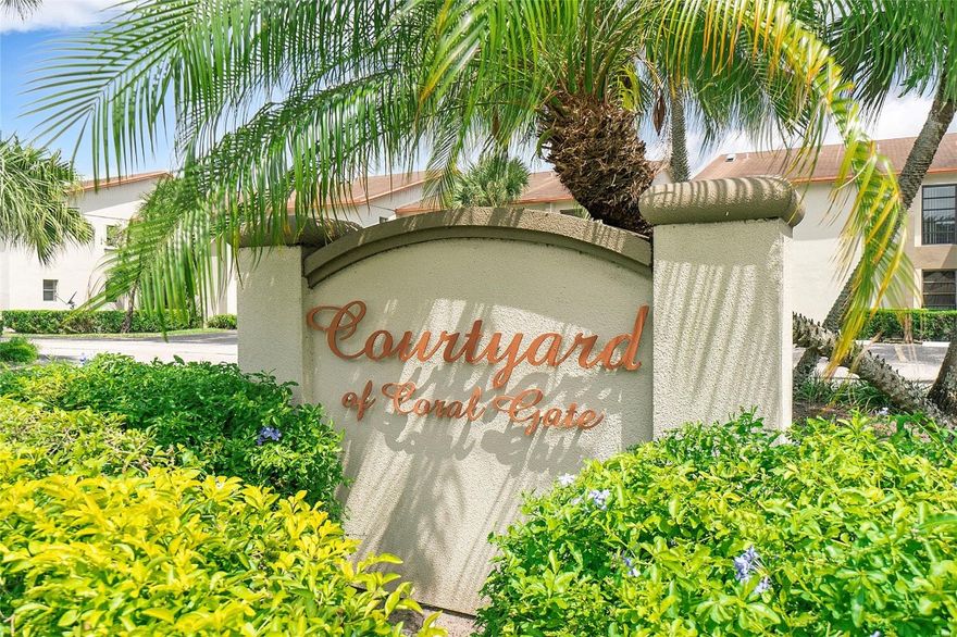 Price to sell!!! Corner 2/2 condominium at the Courtyard of Coral Gate community, this is a quiet secluded & well maintained neighborhood close to restaurants, shools, supermarkets, shopping & entertainment with an amazing park across the street, great first floor with assigned parking, extra storage and 3 patio areas, a courtyard of your eating kitchen, spacious spare bedroom with walking closet, this unit offers a split floor plan, good size master bedroom with additional access to the back patio, plantation shutters & a walking closet. This is an all ages & a pet friendly community with a club house and a community pool, low maintenence including cable, insurance, roof repairs, water & sewer, not rental restrictions or minimun credit score. PRICE TO SELL! Corner 2/2 condominium at the Courtyard of Coral Gate community, this is a quiet secluded & well maintained neighborhood close to restaurants, shools, supermarkets, shopping & entertainment with an amazing park across the street, great first floor with assigned parking, extra storage and 3 patio areas, a courtyard of your eating kitchen, spacious spare bedroom with walking closet, this unit offers a split floor plan, good size master bedroom with additional access to the back patio, plantation shutters & a walking closet, washer & dryer inside the unit, this is an all ages & a pet friendly community with a club house and a community pool, low maintenence including cable, insurance, roof repairs, water & sewer, perfect first home!!!