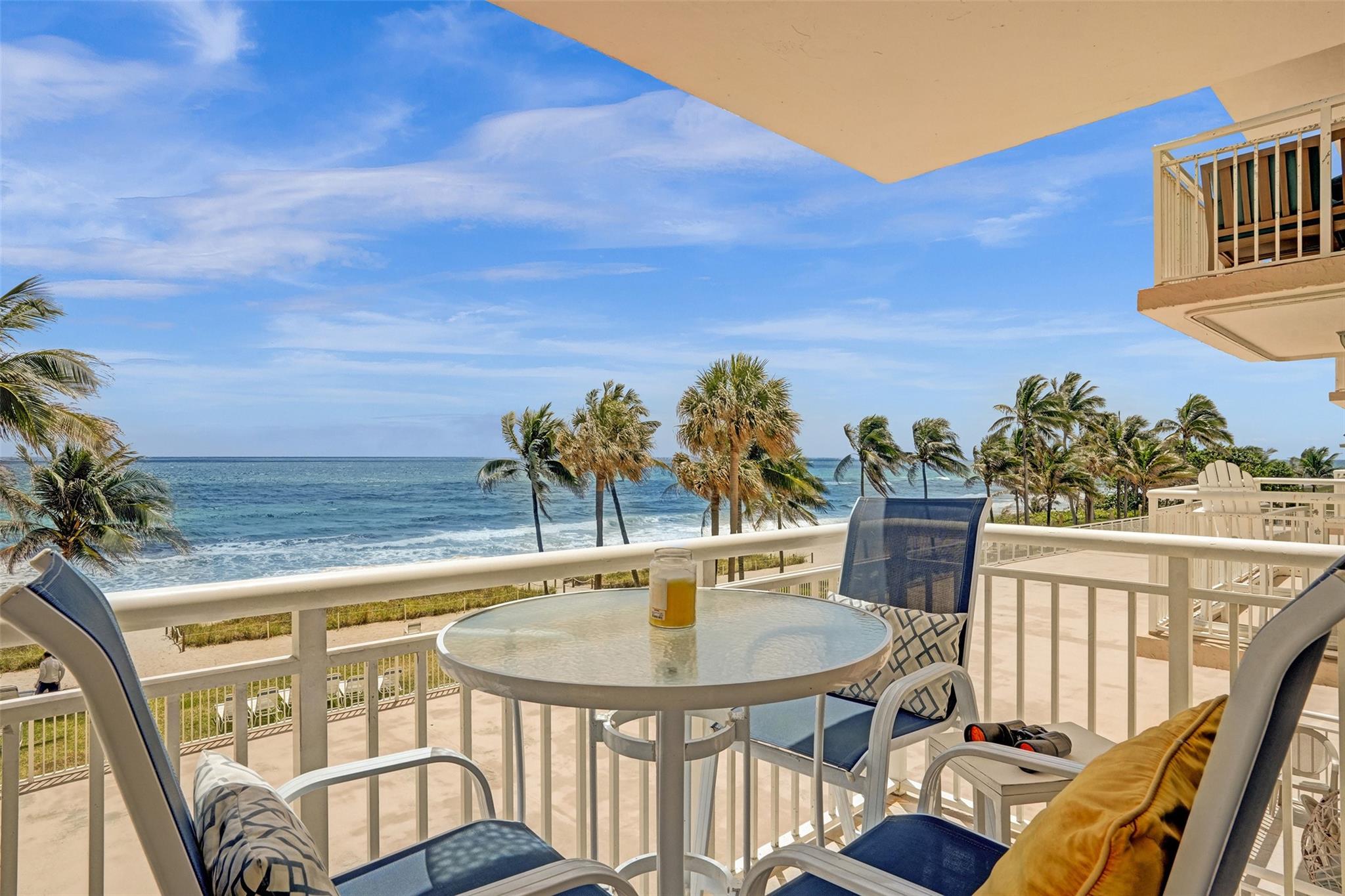 INCREDIBLE DIRECT OCEAN VIEW FROM OPEN BALCONY AND LIVING SPACE, INTRACOASTAL VIEW FROM YOUR KITCHEN WINDOW, OPEN KITCHEN WITH PLENTY OF STORAGE SPACE, DIRECT OCEAN VIEW FROM PRIMARY BEDROOM, BOTH BEDROOMS HAVE WALK-IN CLOSSETS, IMPACT WINDOWS AND SLIDING DOOR, TURNKEY UNIT, EXTRA STORAGE, PLENTY OF GUEST PARKING, WASHER AND DRYER ARE ALLOWED TO BE ADDED TO UNIT, PRIVATE BEACH ACCESS, EXERCISE ROOM, COMMUNITY ROOM, BEAUTIFUL BEACH AREA WITH GRILLS, SHUFFLE BOARD. LAUNDRY FACILITY ON EVERY FLOOR, MINUTES TO POMPANO AND DEERFIELD BEACH, NEAR PLENTY OF RESTAURANTS, GOLF, TENNIS AND PICKLE BALL. 40 AND 50 YEAR RECERTIFICATION ARE COMPLETED.