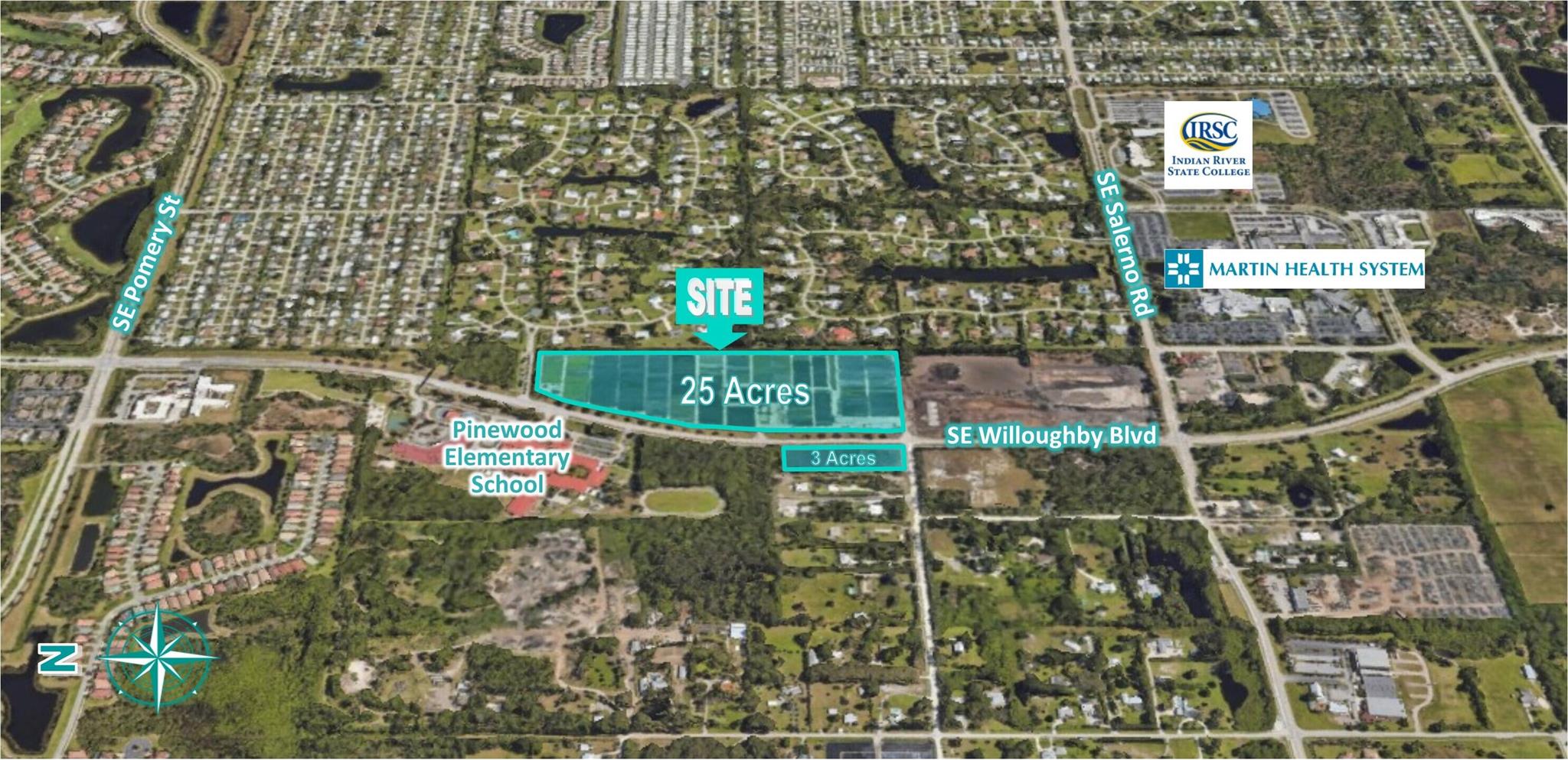 Active nursery property. 28 acres with land use and zoning that allows 2 units per acre.Possible future uses include ALF or multi-family. Close to Martin Health System SouthHospital. Across the street from Pine Wood Elementary School. Can be sold as 25 acres or 3 acres on the west side of Willoughby or 28 all together.