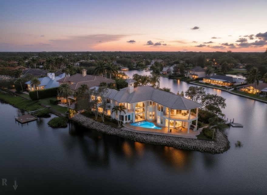 Claim your front-row seat to the shoreline in this custom estate, perfectly positioned on a rare point lot at the tip of a private peninsula along the scenic Loxahatchee River. Set within a gated enclave w/ over 400 feet of water frontage, this home offers unmatched privacy & panoramic views of the river & surrounding nature preserve. Designed for those who value timeless architecture & the beauty of natural surroundings, the residence features soaring ceilings & expansive living spaces including 4 large bedrooms, private office w/ coffered ceilings, billiard room, sunken wet bar & a spacious gourmet kitchen. The primary suite provides a serene retreat w/ coffee bar, private waterfront balcony & sweeping river views. While this original residence (see more)... invites your personal vision for modern updates, it offers an exceptional foundation of quality craftsmanship complete with marble & bamboo flooring, impact windows, elegant crown molding & exquisite architectural details throughout. Outdoors, enjoy a waterfront pool, dock w/ 9,000 lb lift & canoe launch & direct ocean access just 13 minutes to the inlet by boat. From the daily visits of a myriad of wildlife to the graceful flight of Ibis at sunrise & sunset, every moment here feels like living in your own private nature preserve. This is more than a home it's a one-of-a-kind riverfront sanctuary, ready to be reimagined into your personal paradise.