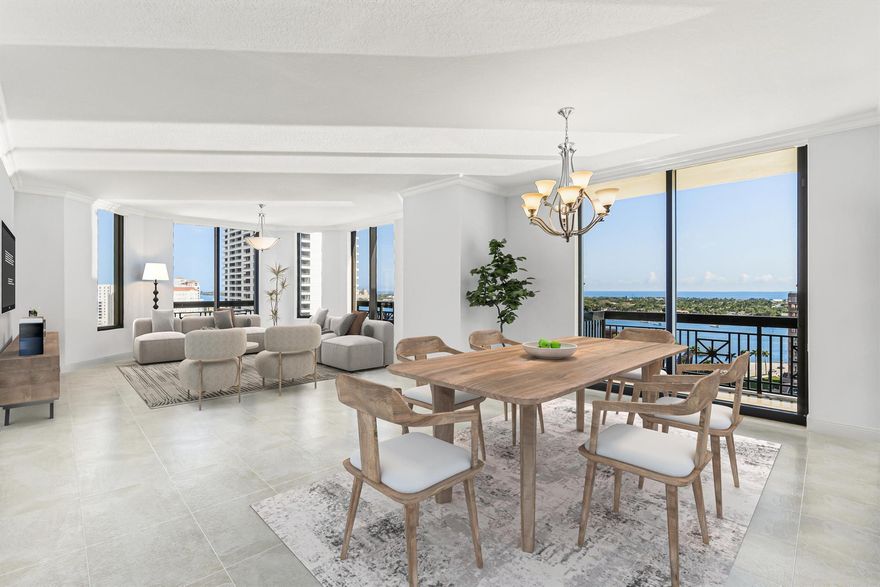 Welcome to your magnificent sky-high retreat at sought-after Two City Plaza. This stunning residence is in the heart of downtown West Palm Beach with breathtaking, unobstructed ocean and Intracoastal views. From the moment you enter, you are greeted by floor-to-ceiling 10.5ft impact glass sliders and windows, filling the space with natural light and captivating panoramic vistas. Spanning 2,156sqft, this meticulously maintained home boasts honed travertine flooring and polished marble throughout. Featuring an open-concept designer kitchen with cherry cabinetry, granite countertops, and a custom eat-in breakfast nook table overlooking the ocean. A private balcony off the kitchen & main living area provide the perfect spot for morning coffee with a sunrise view. The kitchen flows seamlessly