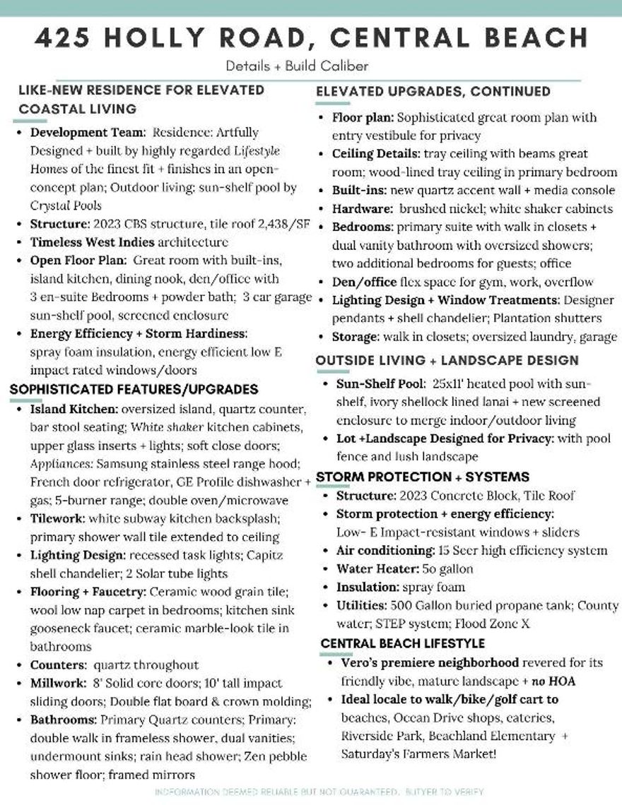 A true unicorn: a like-new pool home set in an enclave of new builds + renovations in a coveted quadrant of Central Beach where the vibe is laid back, the build + specs are elevated + to current code -- with no wait or budget over-runs with a new build! A little-used residence with smart upgrades you'll love like a new pool enclosure to merge indoor/outdoor living + handsome quartz accent wall with media console. 3 car garage for abundant storage; open concept plan with luxe fit/finish in a 'walk/bike/golf cart to all things Vero' incl beach, marina, Ocean Dr+ Beachland Elementary! A rare gem!