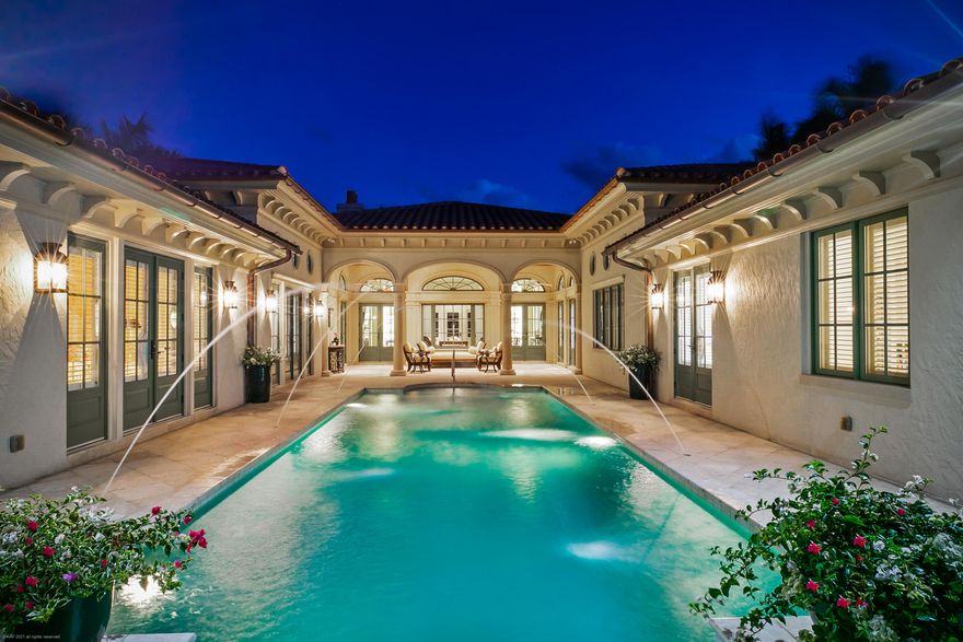 This European inspired residence was designed by award winning architect, Louise Brooks. Built in 2012 of the highest quality in a prime Jupiter Island location.  Situated on 0.57 acres, this split floor plan creates a private courtyard setting with an inviting pool and loggia.  Interior spaces include and elegant living room, family/dining room, office with two desks, gourmet kitchen, spacious master suite, plus three additional guest rooms.