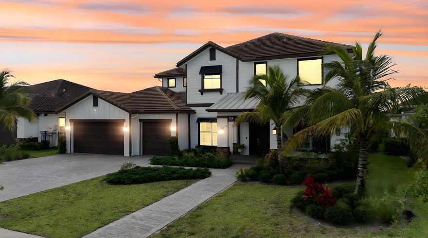 Not all new builds are created equal. This 2021 Kenco built nearly 4,000 SF lakefront home has soaring ceilings, an open flow & designer-level upgrades at every turn that are anything but builder basic. The kitchen is the centerpiece: thick waterfall quartz, gas stove, & space to gather. Downstairs features a bonus room & full ensuite that lives like a second primary. Upstairs: loft, lake-view owner's suite with spa bath and dual walk-in closets + 3 more beds & 2 full baths. The huge covered lanai, oversized lakefront lot & outdoor kitchen set the stage for backyard fun! Add in a four car garage for all of your toys & this home check every box. All in Arden--South Florida's Agrihood with a working farm, resort pools, clubhouse, fitness, and a sense of true community living.