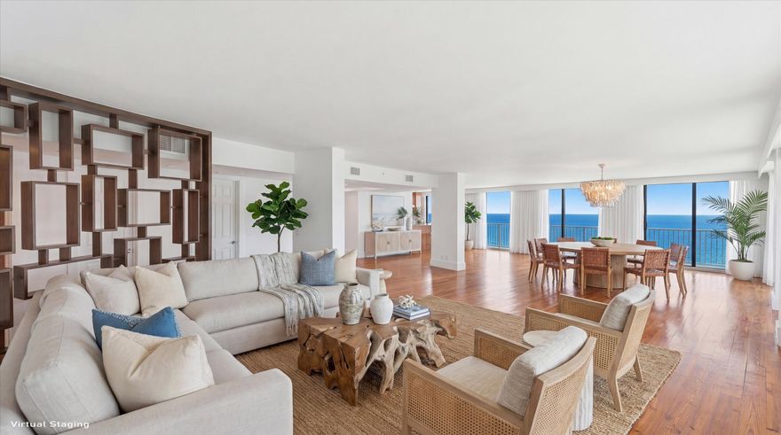 Beautifully remodeled combined residence with 3 bedrooms and 4 baths, offering stunning ocean-to-Intracoastal views from every major room. Located directly on the sand with beach access, this full service building features a 24/7 doorman, oceanfront pool, fitness center, and tennis. Rare, oversized layout with luxury finishes throughout, coastal living at its best.