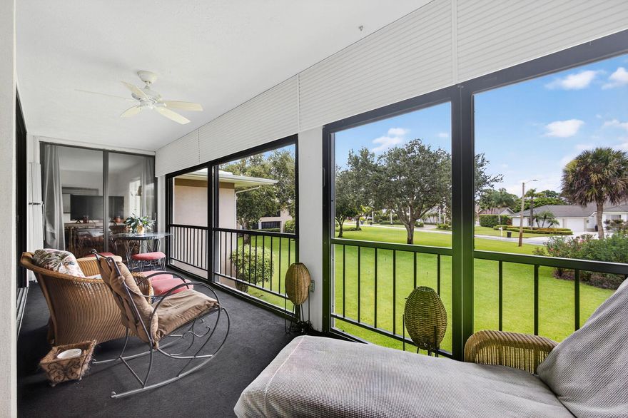 Welcome home to tranquil country like living in Turtle Creek Village. This open and bright two bedroom, split plan,  apartment has an abundance of closets.  All rooms open to the screened lanai where you can relax enjoying the gentle breezes and garden setting. For golfers enjoy a short cart ride to Turtle Creek Country Club or Tequesta Country Club where memberships may be available but not mandatory.  You are also, close to shops, restaurants, movies, PBI and beaches.