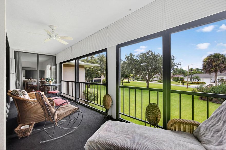 Welcome home to tranquil country like living in Turtle Creek Village. This open and bright two bedroom, split plan,  apartment has an abundance of closets.  All rooms open to the screened lanai where you can relax enjoying the gentle breezes and garden setting. For golfers enjoy a short cart ride to Turtle Creek Country Club or Tequesta Country Club where memberships may be available but not mandatory.  You are also, close to shops, restaurants, movies, PBI and beaches.