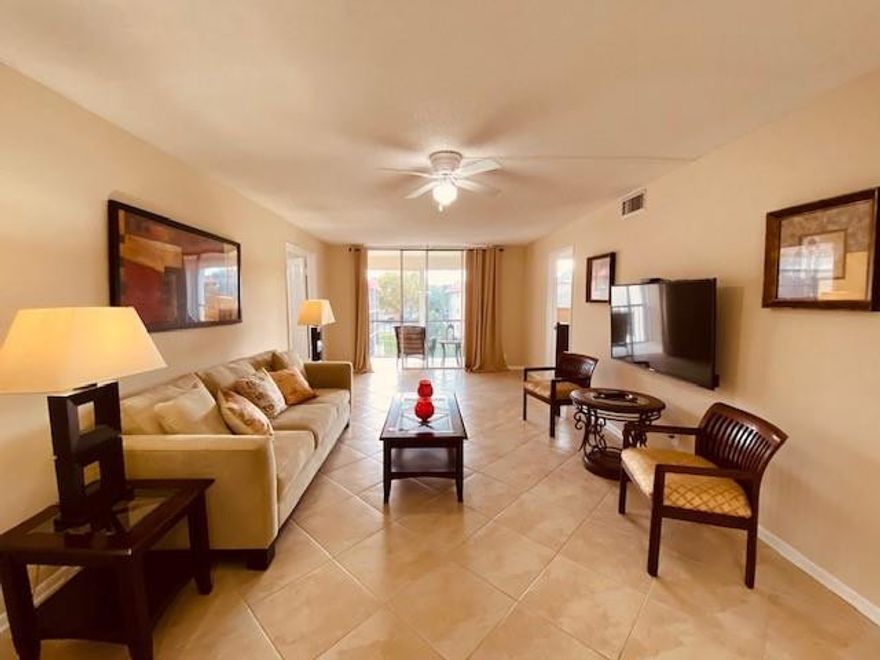 55 + Age Community. ANNUAL RENTAL. ALSO AVAILABLE FOR SEASONAL RENTAL. BRIGHT 3RD FLOOR. 2BR/1.5BA. CERAMIC FLOORS THROUGHOUT. TASTEFULLY FURNISHED. RENT INCLUDES water, basic cable, & internet. Relaxing GARDEN & POOL VIEWS!   24 hr guard gated. FREE golf (except cart fees) on two 18 hole courses (PGA & Par3); Amenities include Restaurant, Billiard Room, Bbq/Picnic Area, Clubhouse, Courtesy Bus, Exercise Room, Heated Pool, Library, Putting Green, Sauna, Shuffleboard,Tennis, Pickle Ball, Vehicle Wash Area, Electric Car Charging Station. Close to shopping, dining & highways. 15 min. to the beach. Association says 55+ age required. SPECIAL AND NICE!