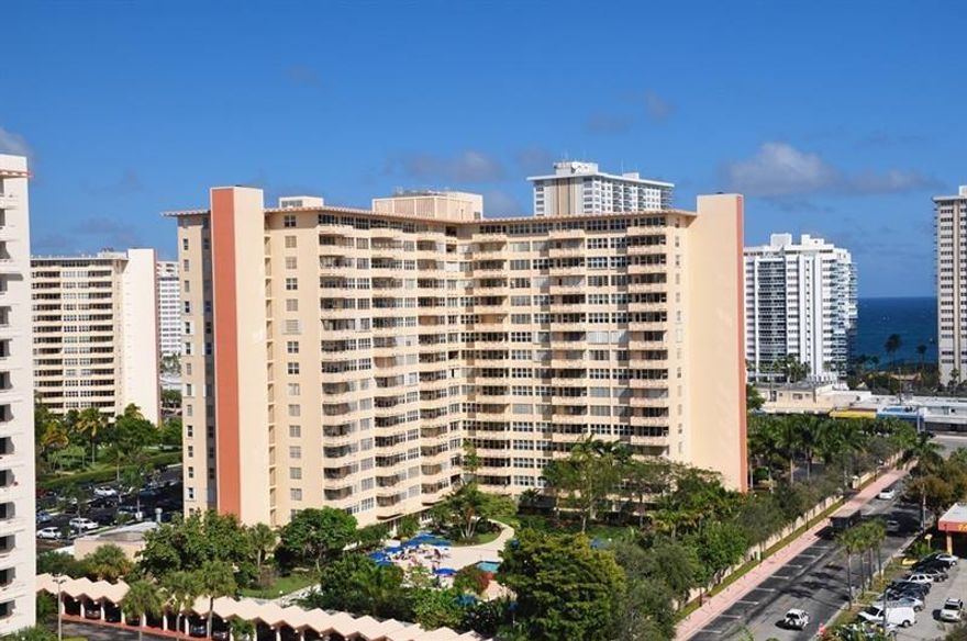 JUST LISTED. THIS HIGH FLOOR SOUTEAST UNIT'S LOCATION OFFERS AN OUTSTANDING VIEW OF OCEAN, INTRACOASTAL WATERWAY, ALONG WITH CITY VIEWS.  SPACIOUS BRIGHT LIVING ROOM, DESIGNER WINDOW TREATMENTS, IMPACT WINDOWS THROUGHOUT, PLUS IMPACT GLASS DOOR TO LARGE OPEN BALCAONY, CUSTOM TILE FLOORING, TWO LARGE BEDROOMS. MASTER BEDROOM HAS VANITY DRESSING AREA PLUS LARGE WALK-IN CLOSET WITH PLENTY OF STORAGE. SPACIOUS EAT-IN KITCHEN WITH GREAT CABINET SPACE.  THIS BLDG'S CONVENIENT LOCATION ALOWS RESIDENTS TO WALK TO BEACH, BANKS, SHOPS, RESTAURANTS AND POST OFFICE. TRULY AN OUTSTANDING VALUE. FREE PUBLIC COMMUNITY SHUTTLE AVAILABLE TO LOCAL SHOPPING AND MEDICAL CENTERS.  NO AUTO NEEDED