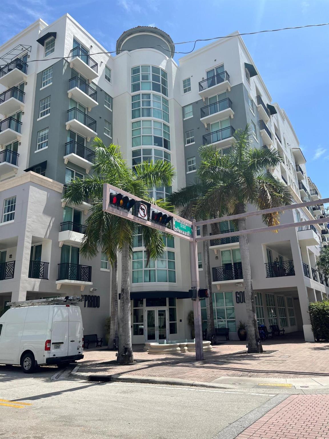 Pool courtyard unit on 5th level pool/fitness center steps away from the unit. wood floors in living area, carpet in both bedrooms, split bedroom plan with spacious closets, linen closet in both baths, fully equipped kitchen, full size washer/dryer. Freshly painted ready for occupancy. Prado is centrally located downtown, walking distance to waterfront events, great eateries, night life, shopping, and the arts. Brightline Train is two blocks away, PBI Int'l Airport is a 10 minute drive. (1) garage parking space .