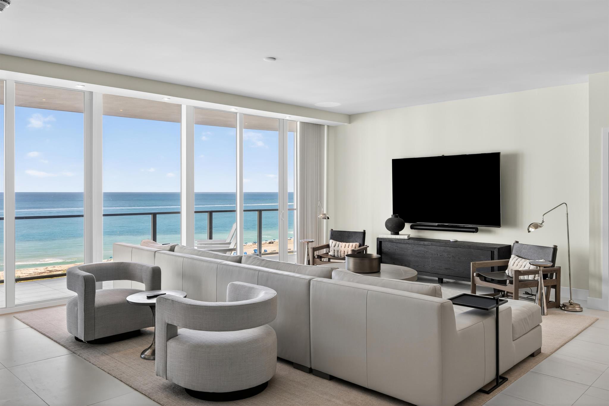 Modern complex built in 2023. Spacious, high-end condo with spectacular ocean views from every room. Large terrace, laundry room, Miele appliances. Sleeps up to 7 guests, the den features a high-quality sleeper sofa for extra comfort. Valet parking, residents pool, hot tub, community room, 100,000-square-foot spa facility, gym, restaurants, beach with chairs and umbrellas, towel service, all available for your use. Available ANNUAL and SEASONAL. Call for seasonal prices.
