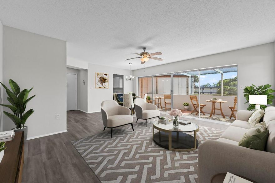 Seize the opportunity to own the best deal in this highly sought-after 55+ community with this recently renovated, chic 1-bedroom, 1.5-bath condo! Positioned on the second floor, this unit offers a bright, spacious, and inviting living area that is perfectly turn-key. The custom kitchen is a standout feature, boasting contemporary dual-tone cabinetry complemented by elegant granite countertops, creating a modern and sophisticated aesthetic. The residence is designed for comfort and convenience, featuring a beautifully updated full bathroom complete with a vanity and modern fixtures, along with a half bath perfect for guests. The spacious living area flows seamlessly to a covered balcony, providing a private retreat to enjoy the breezes and surrounding neighborhood views. Located just moments from parks, shopping, restaurants, the airport, and beautiful beaches, this move-in-ready condo offers an exceptional, active, and convenient lifestyle.