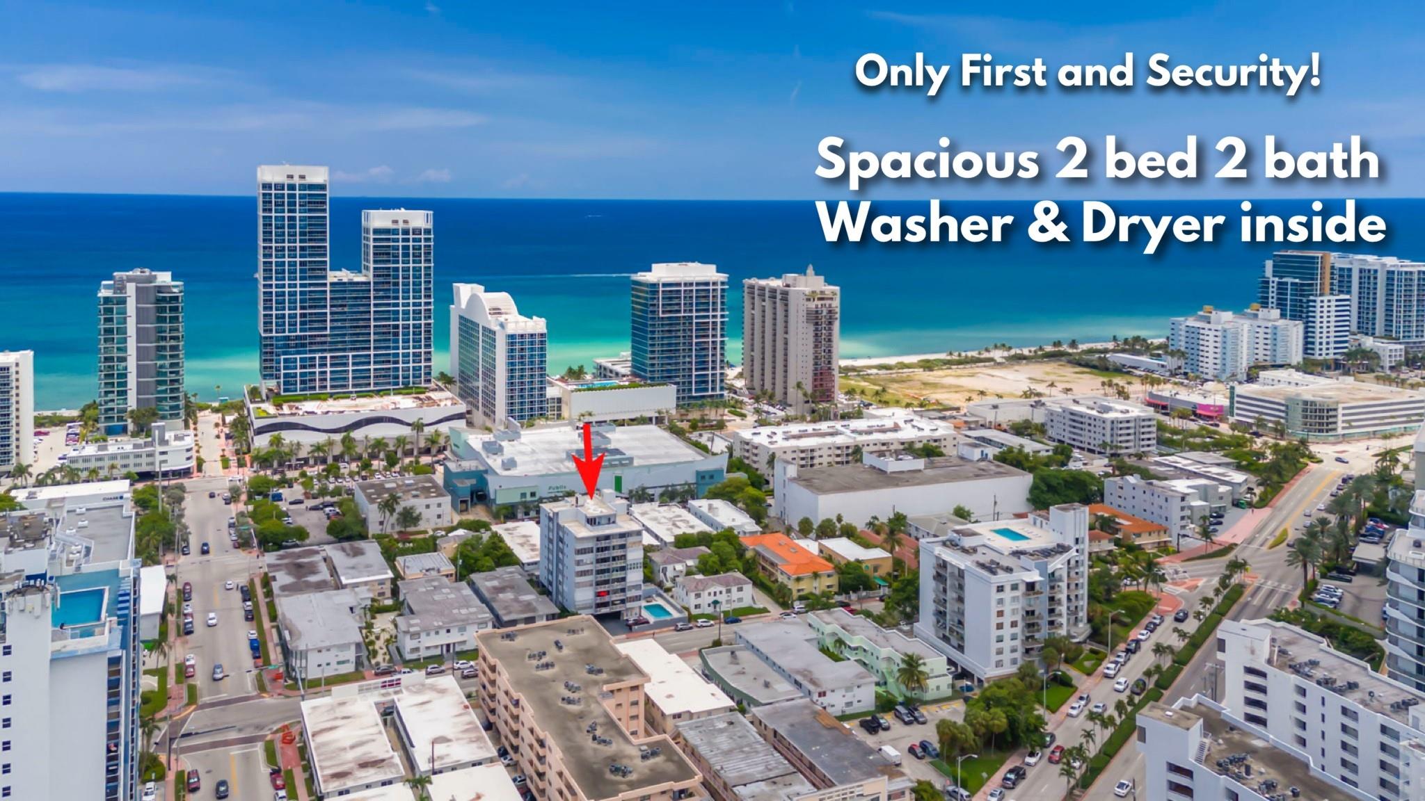 REMODELED 2-bedroom, 2-bathroom unit in a prime location of Miami Beach ! FEATURES KITCHEN w/ QUARTZ COUNTERTOPS , includes WASHER & DRYER. NEWER FLOORING. Enjoy the convenience of being within walking distance to the beach, restaurants, shops, coffee houses, schools, and more. This unit offers a fantastic lifestyle in a desirable area. The property features a secure lobby, a community pool, an elevator, and one assigned parking space.  WALK TO BEACH.!! 2 BLOCKS FROM BEACH. FIRST AND SECURITY with approved credit.