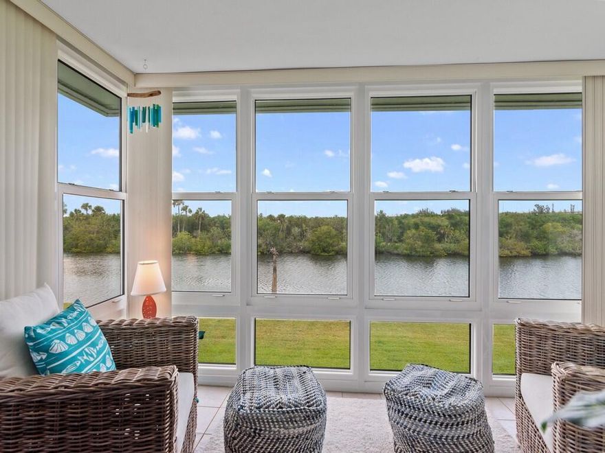 Million-dollar water and wildlife views without the million-dollar price, this is why you come to Vero Beach! Watch the dolphins and manatees from this porch view. This one bed 1.5 bath has been beautifully renovated with granite in the kitchen and bathroom, open kitchen concept and new flooring. Impact windows, Ac replaced in 2019 and serviced regularly. Community clubhouse, heated pool and activities to enjoy. Fish right off the shared dock and still be close to downtown dining and shops. 55+ community, no pets, rooms sizes are approximate and should be verified.