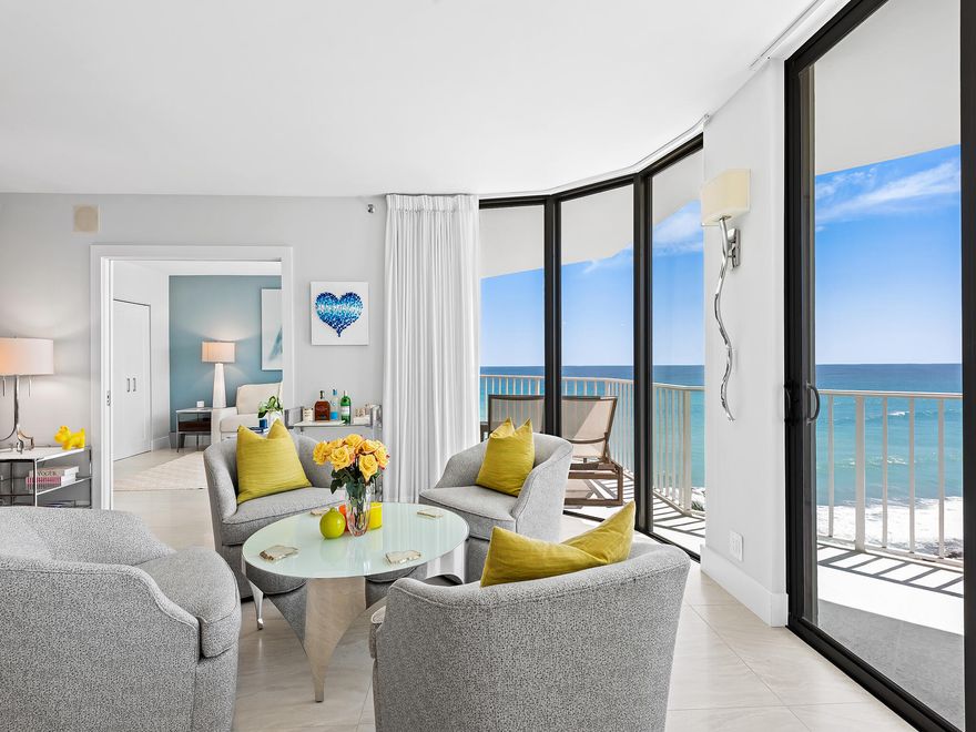 Beautifully renovated contemporary oceanfront condo with SE ocean views, offering sunrises along with city and SW Intracoastal views & sunsets! Large balcony space offer the perfect space to relax, entertain, and enjoy the coastal lifestyle! Split-bedroom layout provides privacy, complemented by sleek pocket doors with frosted glass and updated bathrooms. The modern kitchen showcases a quartz illuminated countertop, combining style and functionality. The building has recently completed major improvements, including concrete restoration and a new roof, and is fully funded for SIRS requirements. Additional upgrades include impact glass throughout, renovated corridors, and a stylish new social room. Resort-style amenities, including a pool, sauna, spa/hot, fitness center, and bike storage.