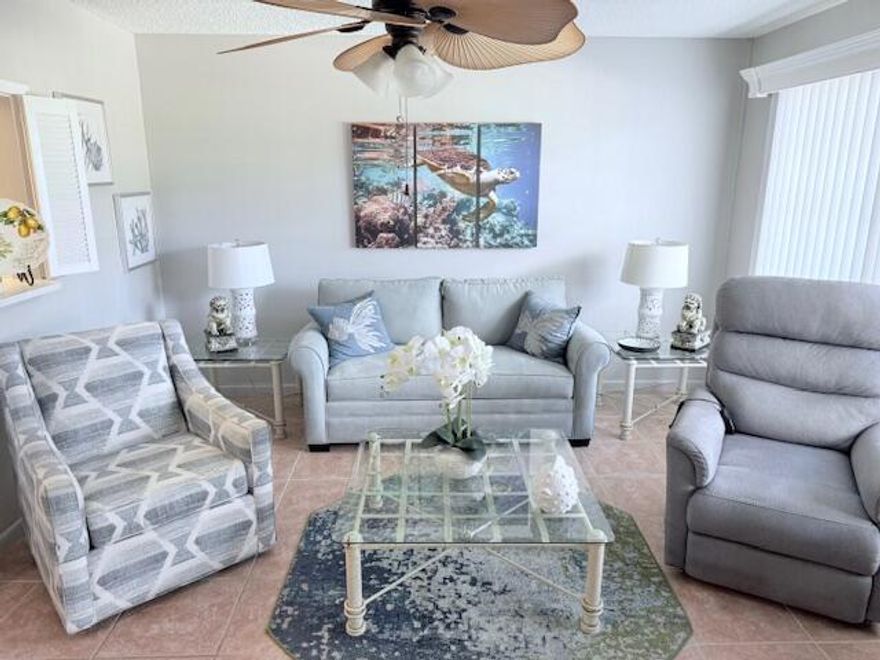 Nicely furnished 2nd floor Cambridge 1 1.5 unit . Priced to sell! Great location! Century Village features a massive clubhouse with a theater for live shows and movies, party room, clay room, 16 pools on the property. pickle ball, tennis, wood shop, stained glass workshop, billiards, shuffleboard, mini golf ,courtesy shuttle, table tennis, fitness center, card rooms, many clubs to choose from, art classes and so much more. AC was replaced 2024. So much to enjoy! Make this your winter home.