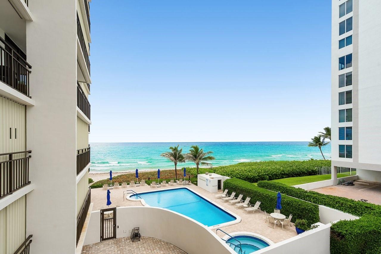 RARE-3 full bedroom/ 3 full bath in boutique Condo ON THE SAND in Highland Beach. Awesome views of the Ocean from Living Room and Master Bedroom. Fully renovated with open kitchen. 2 balconies. Large Laundry room. One underground parking space w ample guest parking. Pool and jacuzzi overlook the Ocean. Bike to Atlantic Ave or quick drive to enjoy shops, restaurants and night life: or walk just 3 buildings north to Latitudes. Enjoy the best Highland Beach has to offer. Remodeled Lobby and Concrete Restoration assessments paid. Social Room w expansive view of the ocean is great for small get togethers. Low HOA $5050 Quarter. Furniture negotialble. NO PETS, NO SMOKING. On Site manager 9 -5 Monday thru Friday.