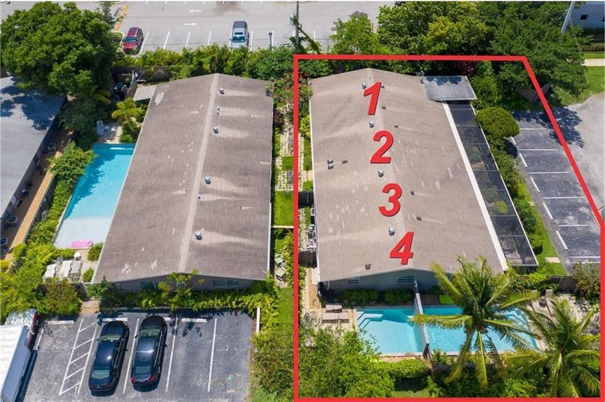 UNIQUE 4plex --- 3 units share a community pool and unit #4 has it's own private pool..... you haven't seen anything like this before! Situated on a corner lot, each unit has a relaxing screened front porch.  Roof new in 2020 along with all impact windows and doors in 2021, creative double pool new in 2014, 7 parking spots, each unit has own electric meter.  Building has one water meter and a 5th electric meter for the heated pool.  Nice units for annual renters or vacation guests.  All units currently furnished.  East Wilton Manors location, close to Colohatchee dog park, Stork's cafe, and the back entrance to Alchemist, plus plus!   Water / trash / sewer approximately $780/mo.  Owner does own pool servicing.  5th pool (heater) meter FP&L approximately $170/mo.