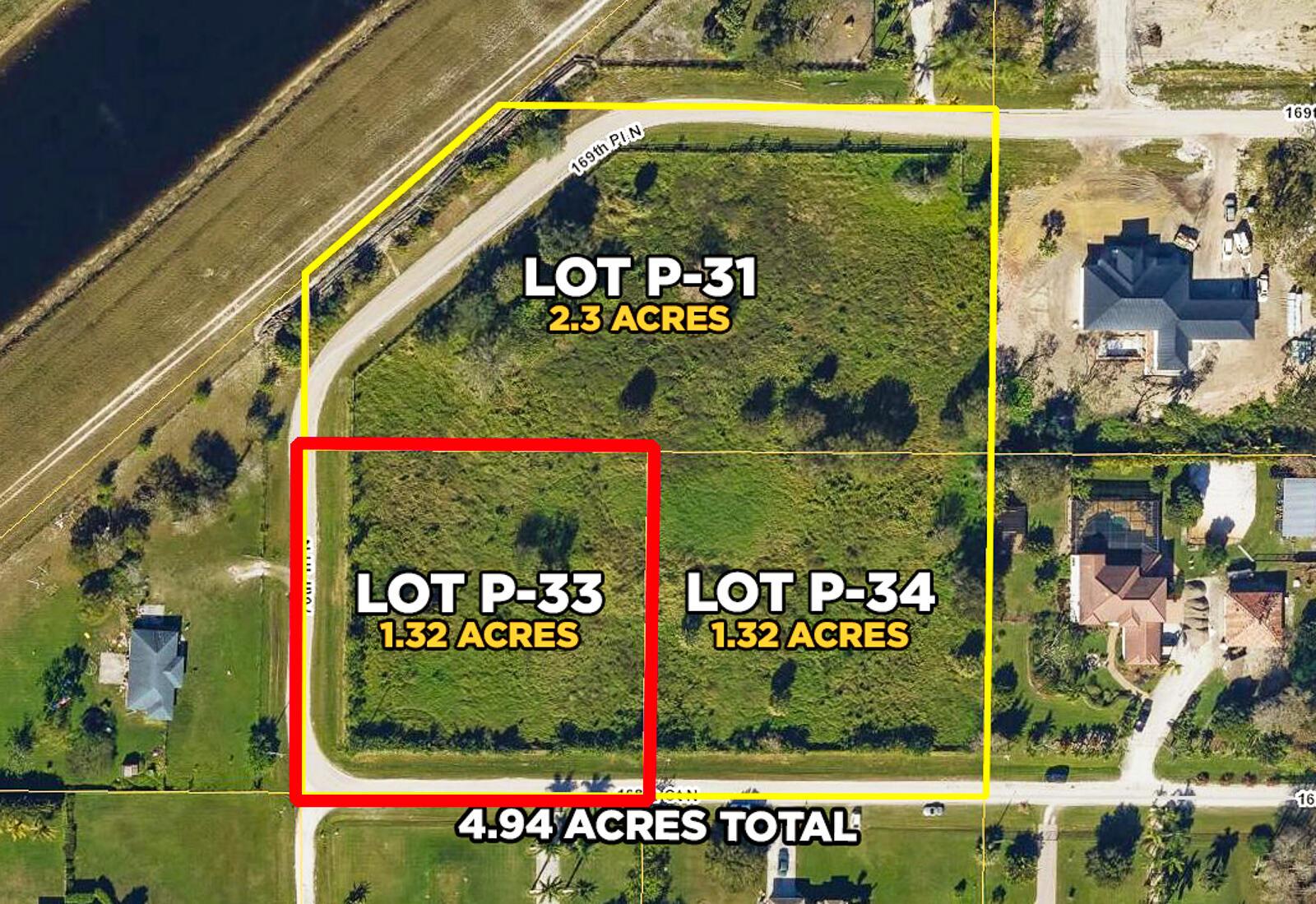 OWNER FINANCING AVAILABLE. This beautiful cleared, fenced, and partially-filled 1.32-acre corner lot (P-33) is located in one of the most secluded areas of Palm Beach Country Estates. Also available for purchase are the two adjoining lots (one 2.3-acres and another 1.32-acres) that will allow you to assemble up to a 4.94 acre compound! The C-18 canal is just steps away. Palm Beach Country Estates has municipal water available for hookup, no HOA restrictions, and is located just down the street from Abacoa and Alton Town Center. Very few vacant lots left in this coveted subdivision! Discount offered if all three lots are purchased together.