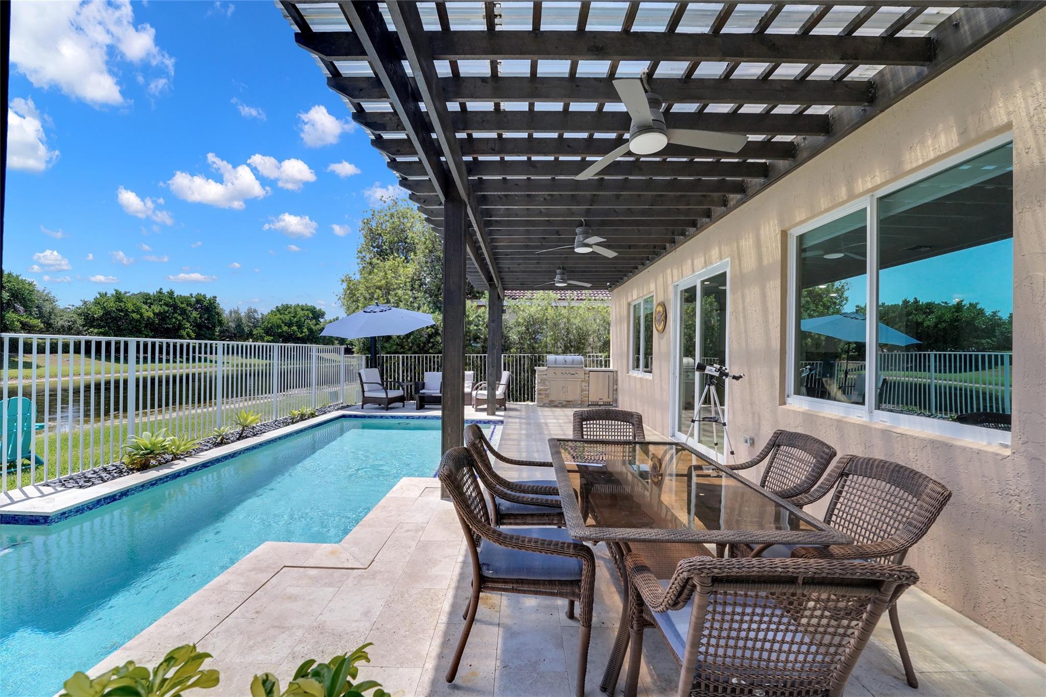 Experience the elegance and comfort in this beautifully updated two-story home, featuring 5 bedrooms and 4 full baths. Enjoy serene lake views from your private contemporary saline pool, surrounded by lush landscaping that creates a tranquil outdoor retreat—perfect for morning sunrises or weekend gatherings with a covered patio and a built-in BBQ grill. The interior boasts updated flooring, a modern kitchen with stainless steel appliances, and the added SECURITY OF HIGH-IMPACT WINDOWS AND DOORS. Located in the highly sought-after, guard-gated community of Savanna, enjoy access to resort-style amenities including pools, mini-golf, playgrounds, sports courts, and more—all within close proximity to top-rated A+ schools. Don’t miss this opportunity to make this exceptional home yours!