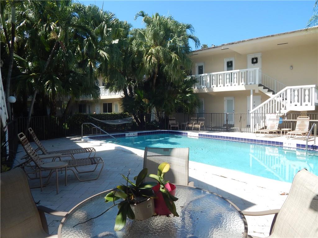 Fantastic Coral Ridge Country Club location! Come enjoy living in this quiet boutique condo with only 20 units. Lovely tropically landscaped courtyard and pool area. Nice, clean, 1 bedroom , one bath on the first floor with tile throughout the unit. Lots of closet space, and convenient on site laundry. Galley style kitchen with door that opens out to the pool area. Lots of great shopping and restaurants nearby, as well as the Fresh Market, and L.A. Fitness. Close to the beach too! Comes with 1 assigned parking spot.